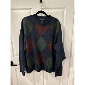 VTG 80s Hill Archer Knitwear Wool Blend‎ Blue Argyle Sweater Sz L